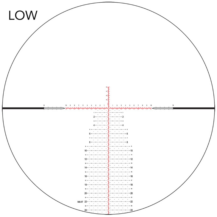 MIL-XT™
SKU: MIL-XT™ Categories: First Focal Plane, Milliradian, Reticle

The MIL-XT™ has a simple center dot for a fine aiming point at center, while the main lines feature .2 Mil-Radian holds. Each whole Mil-Radian is numbered for fast reference under even stressful conditions. 
Below center, whole Mil-Radian intersections feature a floating dot. Dots are placed at .2 Mil-Radian increments, while whole Mil-Radians are increased in size for fast counting. Additional marks are placed at half Mil-Radian increments as well. Numbers below center alternate in size for easy counting and verification of appropriate hold points. 
This reticle was designed for the competitive and field shooter, and is certain to give a competitive edge to anyone who uses it. 