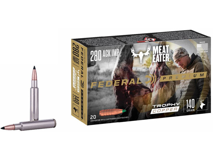 Federal Premium Meat Eater Ammunition 280 Ackley Improved 140 Grain Trophy Copper Tipped Boat Tail Lead-Free Box of 20 P280AITC1