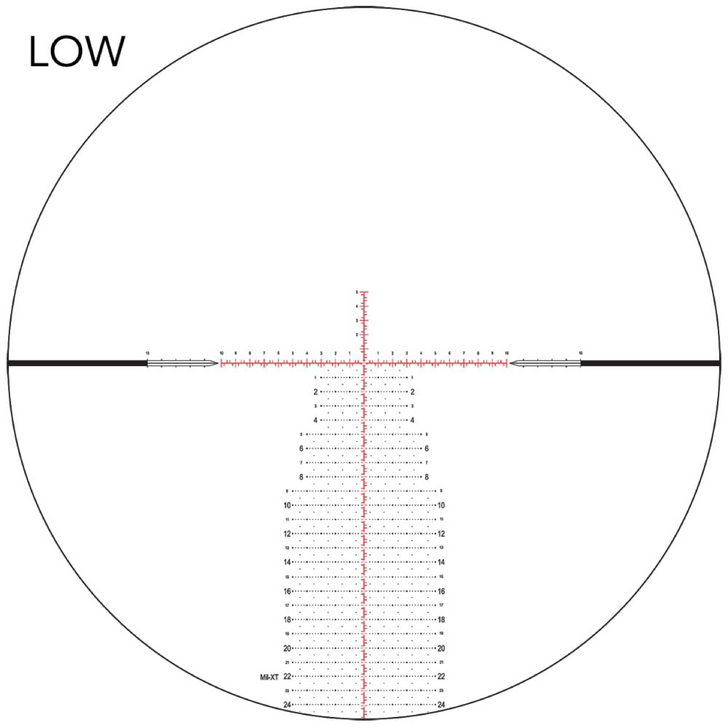 MIL-XT™ The MIL-XT™ has a simple center dot for a fine aiming point at center, while the main lines feature .2 Mil-Radian holds.