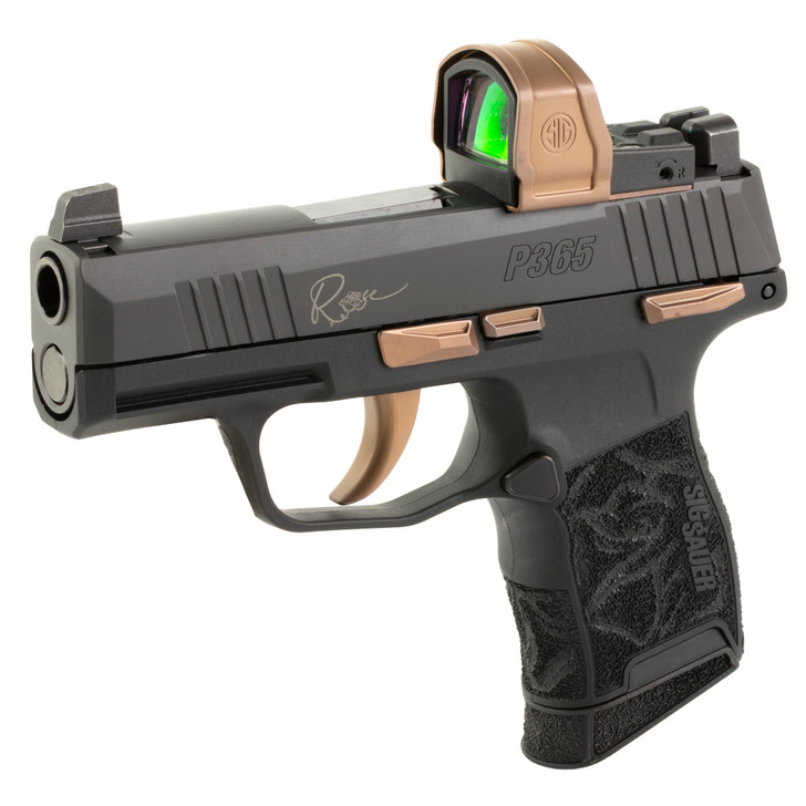 Sig Sauer P365 XL Rose Gold Sub-Compact .380 ACP 3.1" Barrel w/ Integrally Compensated Slide Nitron Finish Black w/ Rose Gold Controls and Engraving, X-Ray Night Sights, Rose Gold Romeo Zero Red Dot Optic 2 10-Round Magazines 365XL-380-ROSE-MS-RXZE