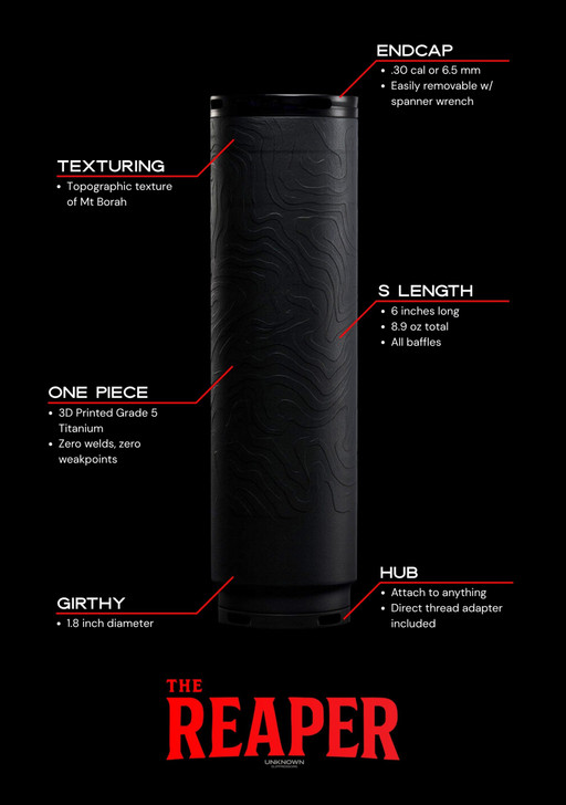 UNKNOWN SUPPRESSORS The Reaper .30 Cal (7.62) 3D Printed Grade 23 Titanium Length 6" Ultra Light 8.9 Ounces 1.8" Girth 5/8-24 Direct Thread Black USRPR30BLK