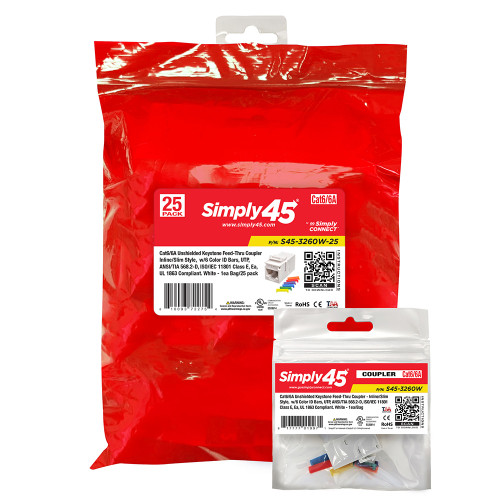 Cat6 Unshielded Keystone Feed-Thru Coupler  White   25/Pack