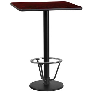 24'' Square Mahogany Laminate Table Top with 18'' Round Bar Height Table Base and Foot Ring 24'' Square Mahogany Laminate Table Top with 18'' Round Bar Height Table Base and Foot Ring