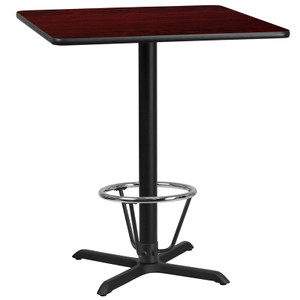 36'' Square Mahogany Laminate Table Top with 30'' x 30'' Bar Height Table Base and Foot Ring 36'' Square Mahogany Laminate Table Top with 30'' x 30'' Bar Height Table Base and Foot Ring