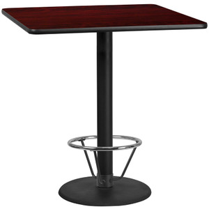 42'' Square Mahogany Laminate Table Top with 24'' Round Bar Height Table Base and Foot Ring 42'' Square Mahogany Laminate Table Top with 24'' Round Bar Height Table Base and Foot Ring