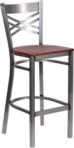 HERCULES Series Clear Coated ''X'' Back Metal Restaurant Barstool - Cherry Wood Seat HERCULES Series Clear Coated ''X'' Back Metal Restaurant Barstool - Cherry Wood Seat