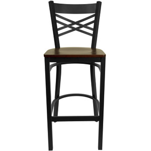HERCULES Series Black ''X'' Back Metal Restaurant Barstool - Mahogany Wood Seat HERCULES Series Black ''X'' Back Metal Restaurant Barstool - Mahogany Wood Seat