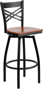 HERCULES Series Black ''X'' Back Swivel Metal Barstool - Cherry Wood Seat HERCULES Series Black ''X'' Back Swivel Metal Barstool - Cherry Wood Seat