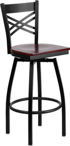 HERCULES Series Black ''X'' Back Swivel Metal Barstool - Mahogany Wood Seat HERCULES Series Black ''X'' Back Swivel Metal Barstool - Mahogany Wood Seat