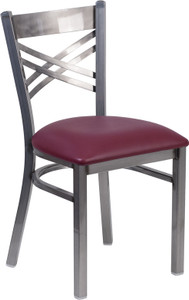 HERCULES Series Clear Coated ''X'' Back Metal Restaurant Chair - Burgundy Vinyl Seat HERCULES Series Clear Coated ''X'' Back Metal Restaurant Chair - Burgundy Vinyl Seat
