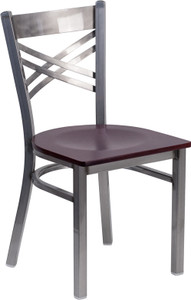 HERCULES Series Clear Coated ''X'' Back Metal Restaurant Chair - Mahogany Wood Seat HERCULES Series Clear Coated ''X'' Back Metal Restaurant Chair - Mahogany Wood Seat