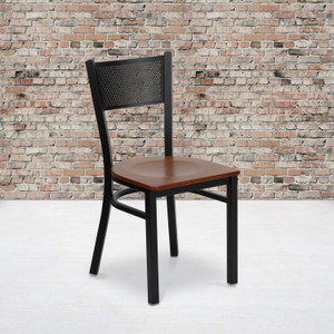 HERCULES Series Black Grid Back Metal Restaurant Chair - Cherry Wood Seat HERCULES Series Black Grid Back Metal Restaurant Chair - Cherry Wood Seat