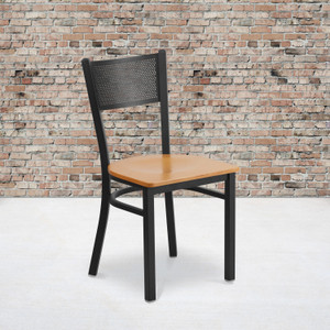 HERCULES Series Black Grid Back Metal Restaurant Chair - Natural Wood Seat HERCULES Series Black Grid Back Metal Restaurant Chair - Natural Wood Seat