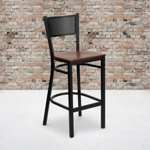 HERCULES Series Black Grid Back Metal Restaurant Barstool - Cherry Wood Seat HERCULES Series Black Grid Back Metal Restaurant Barstool - Cherry Wood Seat