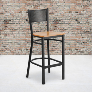 HERCULES Series Black Grid Back Metal Restaurant Barstool - Natural Wood Seat HERCULES Series Black Grid Back Metal Restaurant Barstool - Natural Wood Seat