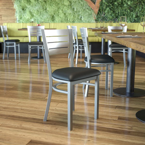 HERCULES Series Silver Slat Back Metal Restaurant Chair - Black Vinyl Seat HERCULES Series Silver Slat Back Metal Restaurant Chair - Black Vinyl Seat
