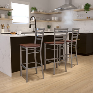 HERCULES Series Clear Coated Ladder Back Metal Restaurant Barstool - Cherry Wood Seat HERCULES Series Clear Coated Ladder Back Metal Restaurant Barstool - Cherry Wood Seat