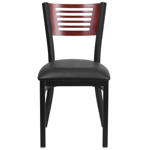 HERCULES Series Black Slat Back Metal Restaurant Chair - Mahogany Wood Back, Black Vinyl Seat HERCULES Series Black Slat Back Metal Restaurant Chair - Mahogany Wood Back, Black Vinyl Seat
