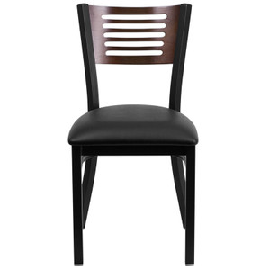 HERCULES Series Black Slat Back Metal Restaurant Chair - Walnut Wood Back, Black Vinyl Seat HERCULES Series Black Slat Back Metal Restaurant Chair - Walnut Wood Back, Black Vinyl Seat