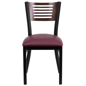HERCULES Series Black Slat Back Metal Restaurant Chair - Walnut Wood Back, Burgundy Vinyl Seat HERCULES Series Black Slat Back Metal Restaurant Chair - Walnut Wood Back, Burgundy Vinyl Seat