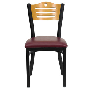 HERCULES Series Black Slat Back Metal Restaurant Chair - Natural Wood Back, Burgundy Vinyl Seat HERCULES Series Black Slat Back Metal Restaurant Chair - Natural Wood Back, Burgundy Vinyl Seat