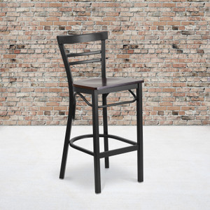 HERCULES Series Black Two-Slat Ladder Back Metal Restaurant Barstool - Walnut Wood Seat HERCULES Series Black Two-Slat Ladder Back Metal Restaurant Barstool - Walnut Wood Seat