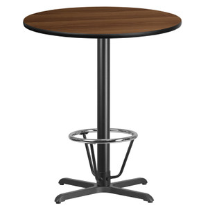 36'' Round Walnut Laminate Table Top with 30'' x 30'' Bar Height Table Base and Foot Ring 36'' Round Walnut Laminate Table Top with 30'' x 30'' Bar Height Table Base and Foot Ring