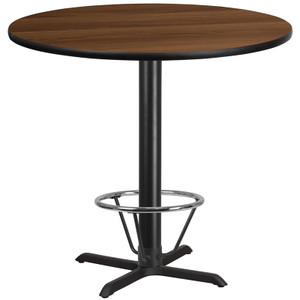 42'' Round Walnut Laminate Table Top with 33'' x 33'' Bar Height Table Base and Foot Ring 42'' Round Walnut Laminate Table Top with 33'' x 33'' Bar Height Table Base and Foot Ring
