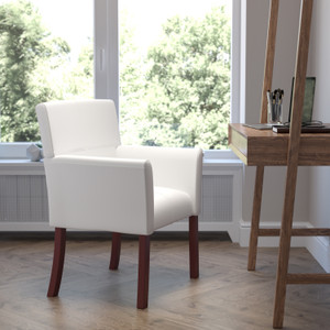 White LeatherSoft Executive Side Reception Chair with Mahogany Legs White LeatherSoft Executive Side Reception Chair with Mahogany Legs