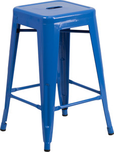 Commercial Grade 24" High Backless Blue Metal Indoor-Outdoor Counter Height Stool with Square Seat Commercial Grade 24" High Backless Blue Metal Indoor-Outdoor Counter Height Stool with Square Seat