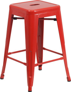 Commercial Grade 24" High Backless Red Metal Indoor-Outdoor Counter Height Stool with Square Seat Commercial Grade 24" High Backless Red Metal Indoor-Outdoor Counter Height Stool with Square Seat