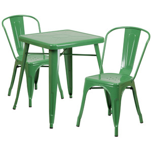Commercial Grade 23.75" Square Green Metal Indoor-Outdoor Table Set with 2 Stack Chairs Commercial Grade 23.75" Square Green Metal Indoor-Outdoor Table Set with 2 Stack Chairs