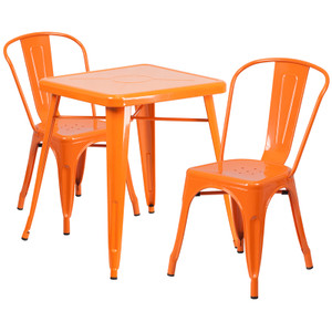 Commercial Grade 23.75" Square Orange Metal Indoor-Outdoor Table Set with 2 Stack Chairs Commercial Grade 23.75" Square Orange Metal Indoor-Outdoor Table Set with 2 Stack Chairs