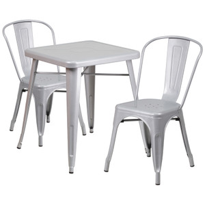 23.75'' Square Silver Metal Indoor-Outdoor Table Set with 2 Stack Chairs 23.75'' Square Silver Metal Indoor-Outdoor Table Set with 2 Stack Chairs