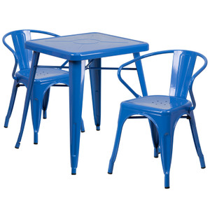 Commercial Grade 23.75" Square Blue Metal Indoor-Outdoor Table Set with 2 Arm Chairs Commercial Grade 23.75" Square Blue Metal Indoor-Outdoor Table Set with 2 Arm Chairs