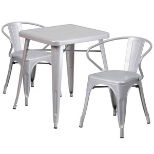 23.75'' Square Silver Metal Indoor-Outdoor Table Set with 2 Arm Chairs 23.75'' Square Silver Metal Indoor-Outdoor Table Set with 2 Arm Chairs