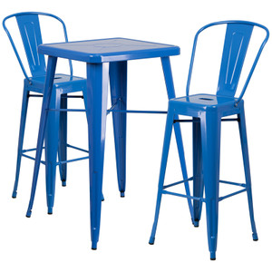 Commercial Grade 23.75" Square Blue Metal Indoor-Outdoor Bar Table Set with 2 Stools with Backs Commercial Grade 23.75" Square Blue Metal Indoor-Outdoor Bar Table Set with 2 Stools with Backs