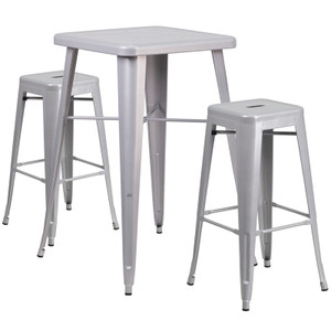 23.75'' Square Silver Metal Indoor-Outdoor Bar Table Set with 2 Square Seat Backless Stools 23.75'' Square Silver Metal Indoor-Outdoor Bar Table Set with 2 Square Seat Backless Stools