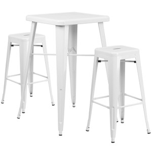 Commercial Grade 23.75" Square White Metal Indoor-Outdoor Bar Table Set with 2 Square Seat Backless Stools Commercial Grade 23.75" Square White Metal Indoor-Outdoor Bar Table Set with 2 Square Seat Backless Stools