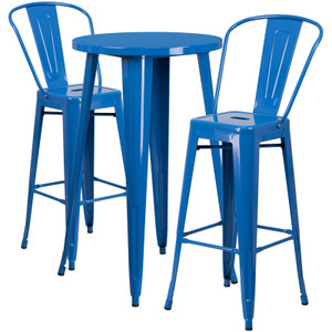 Commercial Grade 24" Round Blue Metal Indoor-Outdoor Bar Table Set with 2 Cafe Stools Commercial Grade 24" Round Blue Metal Indoor-Outdoor Bar Table Set with 2 Cafe Stools