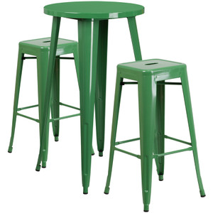 24'' Round Green Metal Indoor-Outdoor Bar Table Set with 2 Square Seat Backless Stools 24'' Round Green Metal Indoor-Outdoor Bar Table Set with 2 Square Seat Backless Stools