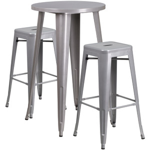 24'' Round Silver Metal Indoor-Outdoor Bar Table Set with 2 Square Seat Backless Stools 24'' Round Silver Metal Indoor-Outdoor Bar Table Set with 2 Square Seat Backless Stools
