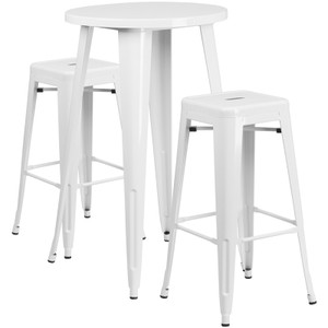 Commercial Grade 24" Round White Metal Indoor-Outdoor Bar Table Set with 2 Square Seat Backless Stools Commercial Grade 24" Round White Metal Indoor-Outdoor Bar Table Set with 2 Square Seat Backless Stools