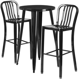 Commercial Grade 24" Round Black Metal Indoor-Outdoor Bar Table Set with 2 Vertical Slat Back Stools Commercial Grade 24" Round Black Metal Indoor-Outdoor Bar Table Set with 2 Vertical Slat Back Stools