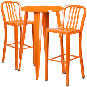 Commercial Grade 24" Round Orange Metal Indoor-Outdoor Bar Table Set with 2 Vertical Slat Back Stools Commercial Grade 24" Round Orange Metal Indoor-Outdoor Bar Table Set with 2 Vertical Slat Back Stools