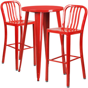Commercial Grade 24" Round Red Metal Indoor-Outdoor Bar Table Set with 2 Vertical Slat Back Stools Commercial Grade 24" Round Red Metal Indoor-Outdoor Bar Table Set with 2 Vertical Slat Back Stools