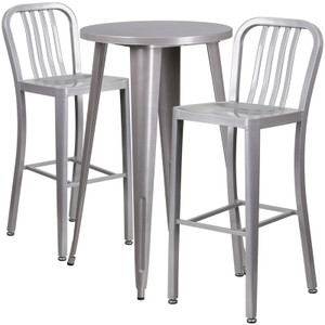 24'' Round Silver Metal Indoor-Outdoor Bar Table Set with 2 Vertical Slat Back Stools 24'' Round Silver Metal Indoor-Outdoor Bar Table Set with 2 Vertical Slat Back Stools