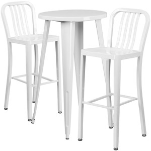 Commercial Grade 24" Round White Metal Indoor-Outdoor Bar Table Set with 2 Vertical Slat Back Stools Commercial Grade 24" Round White Metal Indoor-Outdoor Bar Table Set with 2 Vertical Slat Back Stools