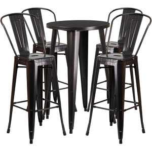 Commercial Grade 24" Round Black-Antique Gold Metal Indoor-Outdoor Bar Table Set with 4 Cafe Stools Commercial Grade 24" Round Black-Antique Gold Metal Indoor-Outdoor Bar Table Set with 4 Cafe Stools