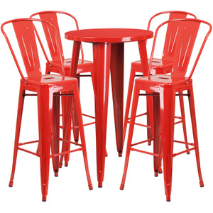 Commercial Grade 24" Round Red Metal Indoor-Outdoor Bar Table Set with 4 Cafe Stools Commercial Grade 24" Round Red Metal Indoor-Outdoor Bar Table Set with 4 Cafe Stools